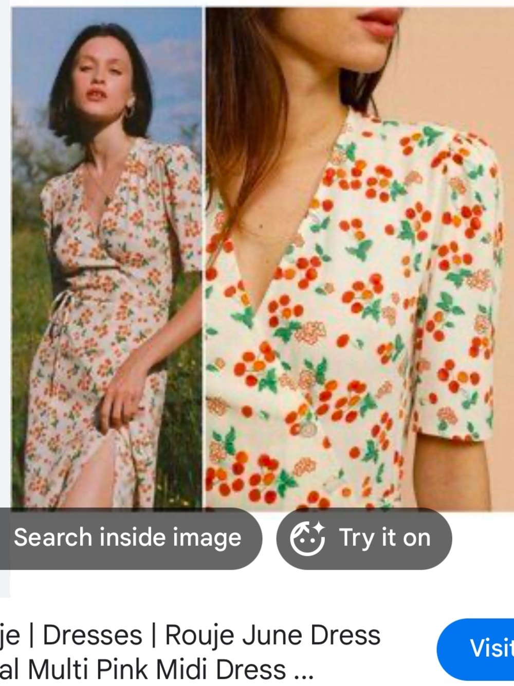 Floral Cherry Print Midi Dress in Cream and Red French Rouge vintage style